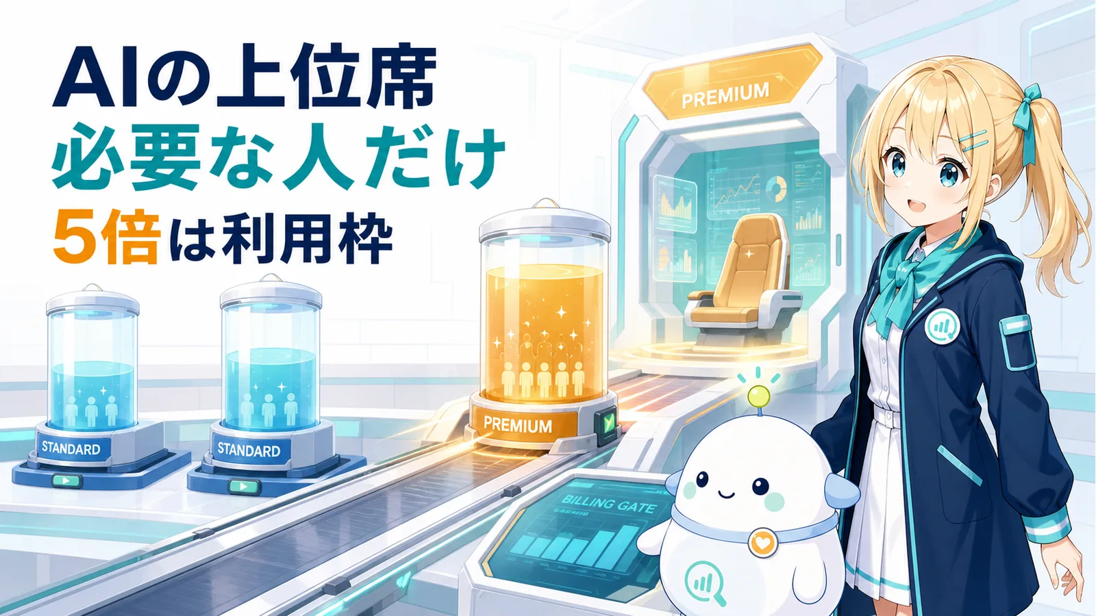AI利用枠を表す大小のタンクとPremium席を前に、必要な人だけ上位席にする考え方を案内するひまりとらぼまる