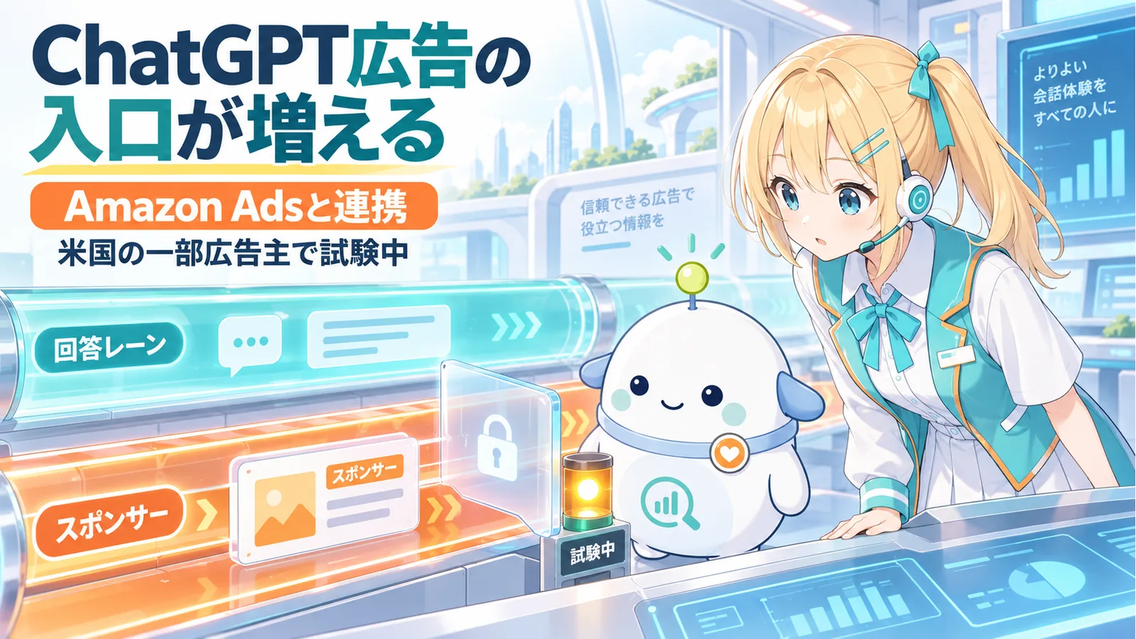『ChatGPT広告の入口が増える』のサムネイル。ひまりとらぼまるが広告配信管制室で、回答レーンとスポンサー広告レーンの分離を確認する図