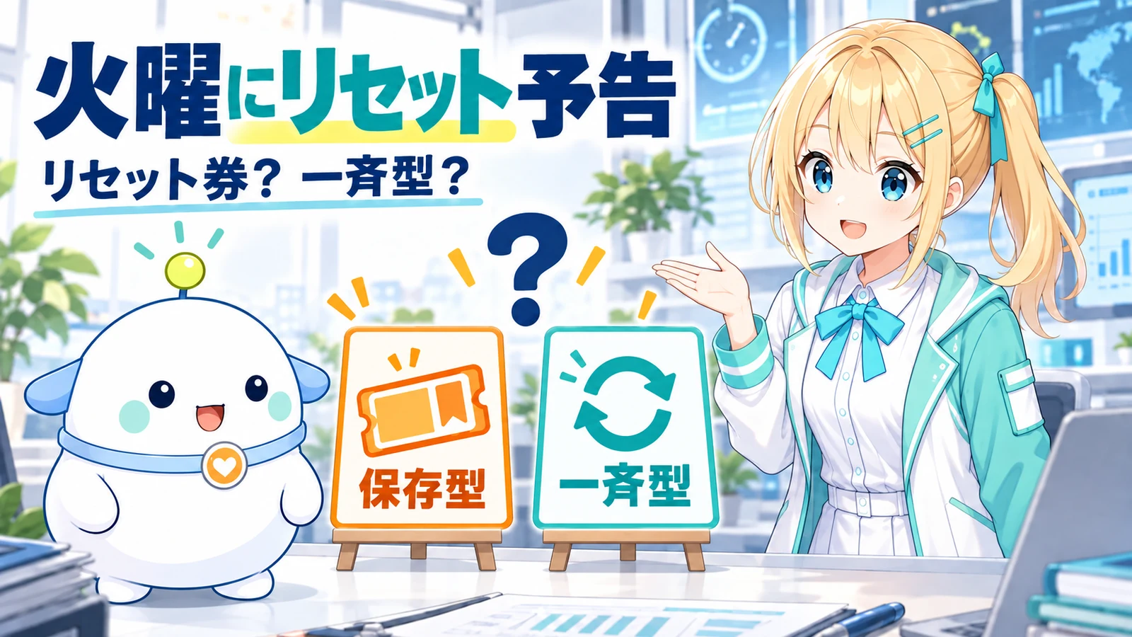 ひまりとらぼまるが、保存型リセットと一斉リセットを示す2枚のカードを確認するサムネイル