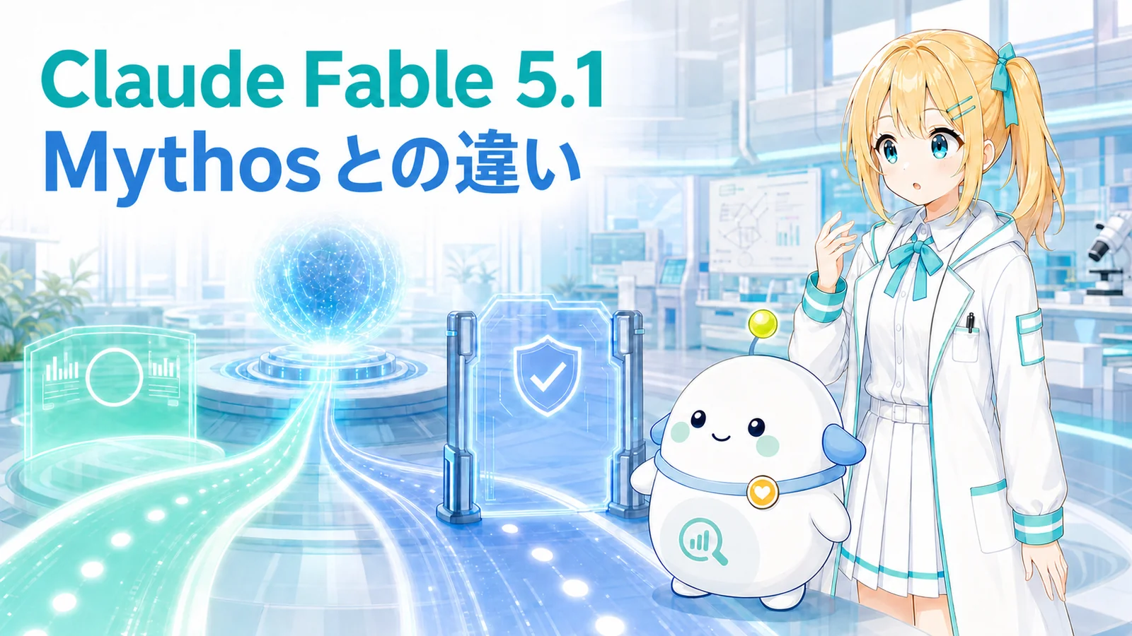 ひまりとらぼまるが2本に分かれた光の経路を見比べ、Claude Fable 5.1とMythos 5.1の違いを確かめるサムネイル