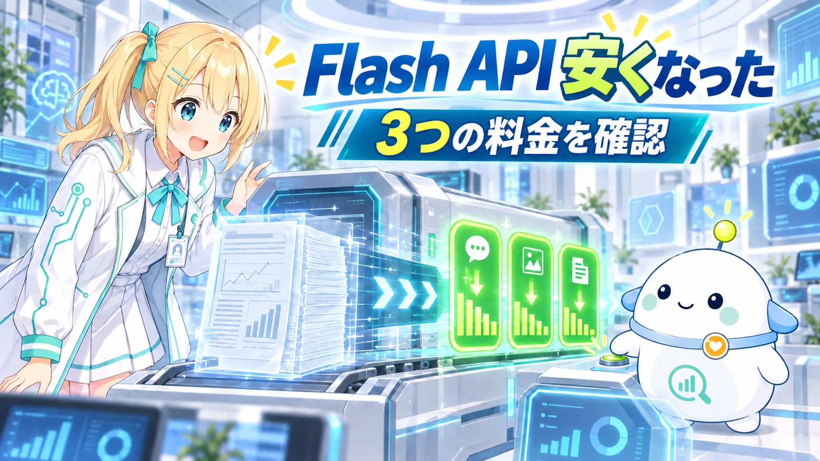 『DeepSeek V4.1 Flash 料金と中身が変わる』のサムネイル。ひまりとらぼまるが値下がりする料金メーターと軽くなった計算メモを確認する図