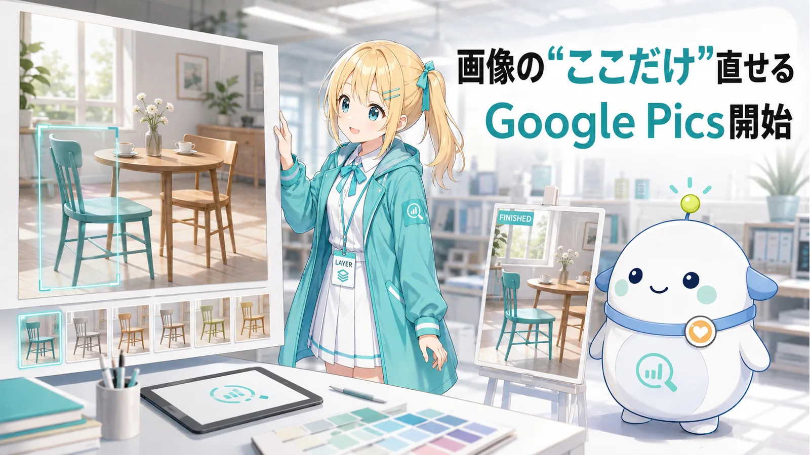 画像編集アトリエで写真の一部分を選んで直すひまりと、完成プレビューを確認するらぼまる