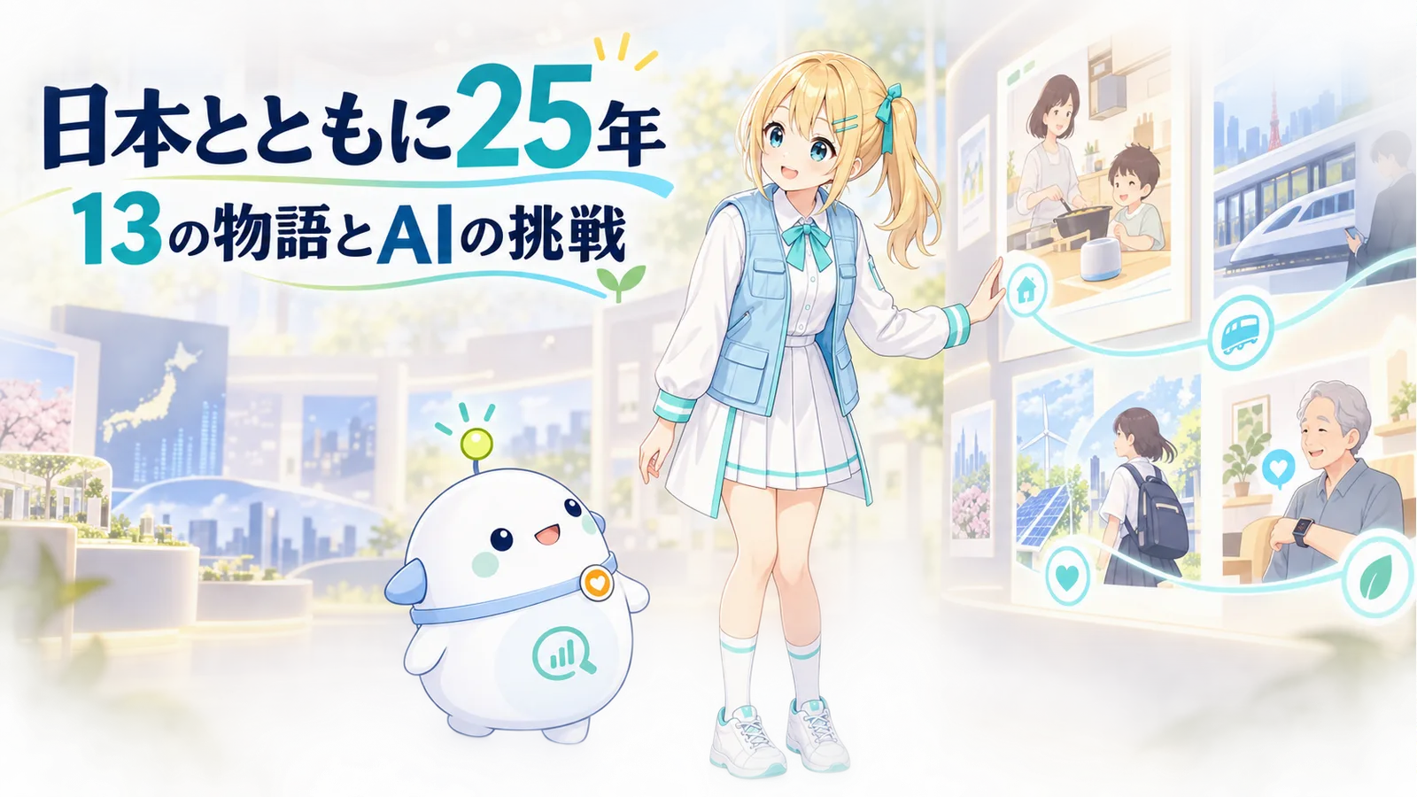 日本での25周年を記念する展示室で、ひまりとらぼまるが13の物語とAIのアイデアを見つめるイラスト