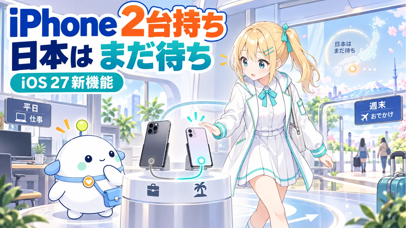2台のiPhoneを見比べながら、日本での対応を待つひまりとラボまるのイラスト