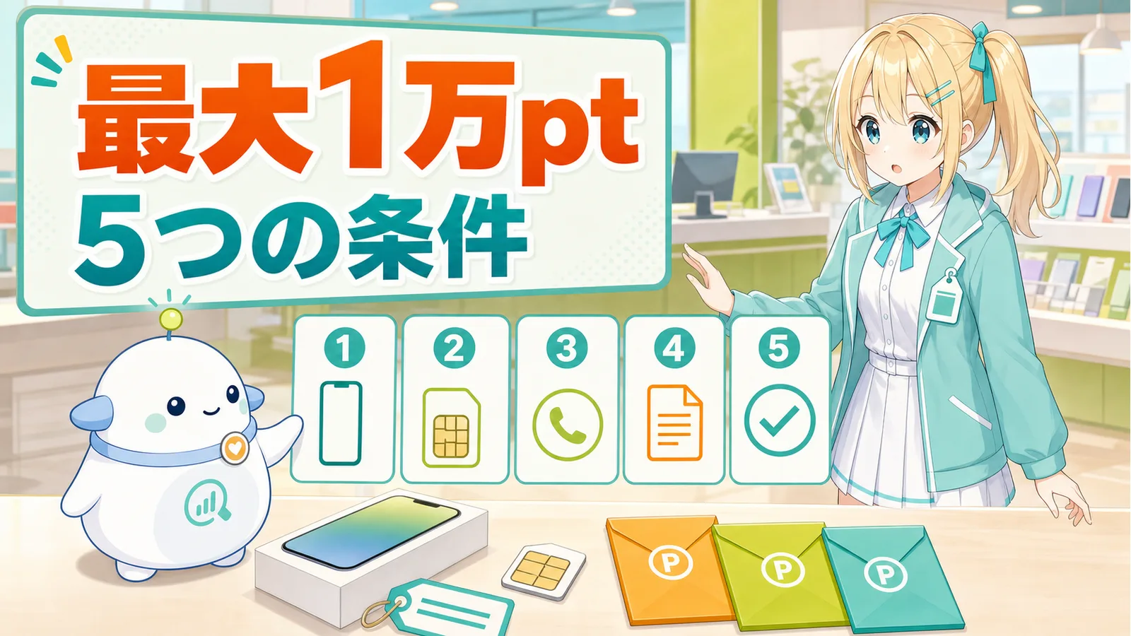 スマホ売り場の申込カウンターで、最大1万ポイントまでの5条件を見比べるひまりとらぼまる