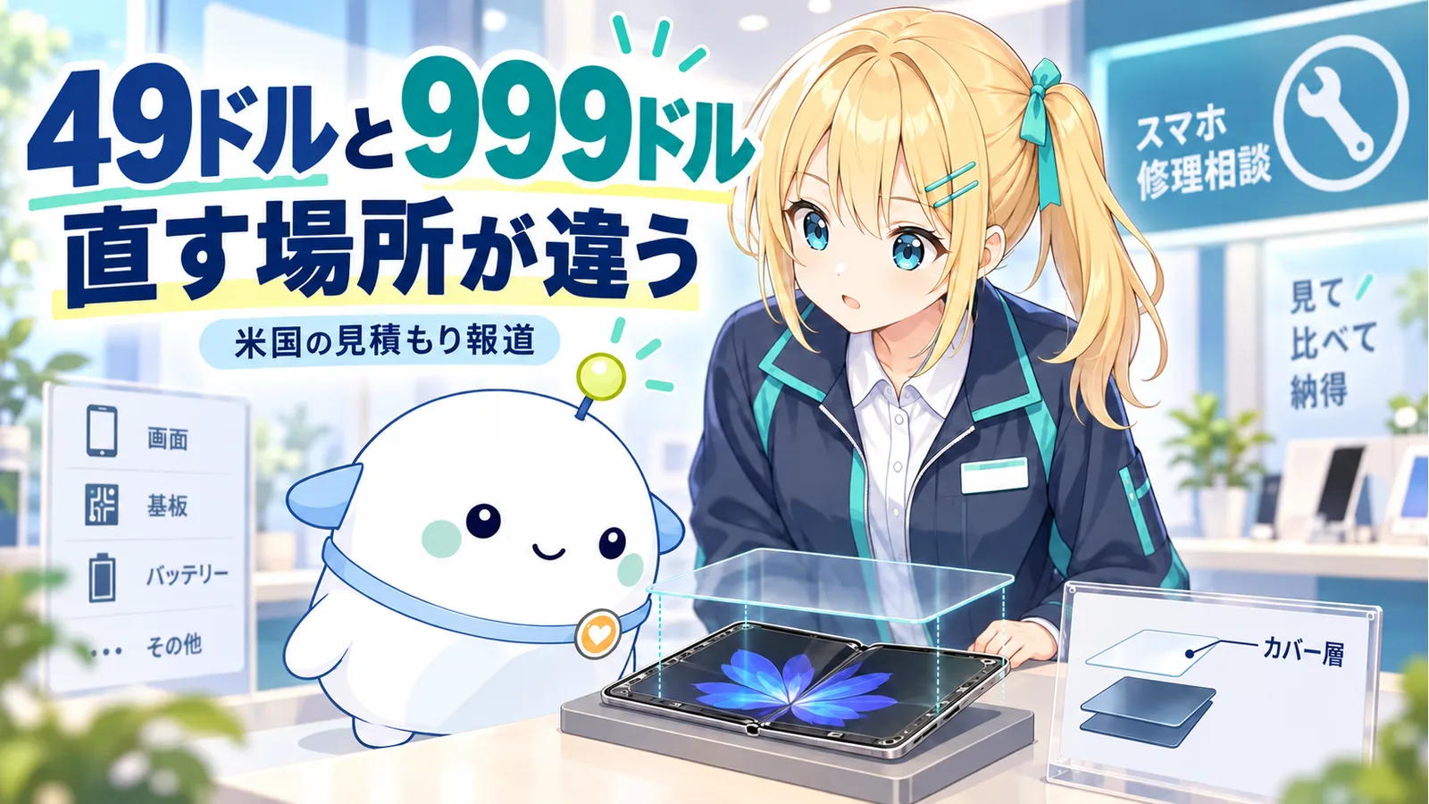 修理相談カウンターで折りたたみ画面の表面層と画面本体を見比べるひまりとらぼまる。米国の見積もり報道として49ドルと999ドルを示す