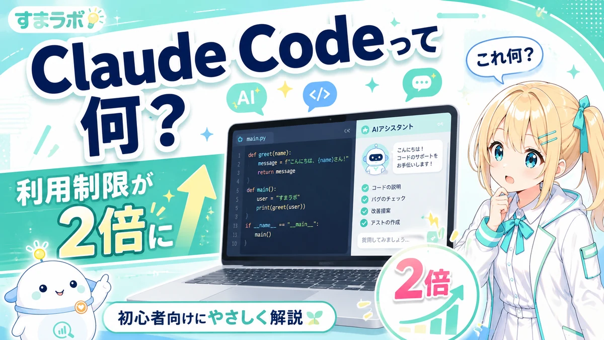 Claude Codeの利用上限が2倍になったニュースについて、ひまりとらぼまるがAIによるコード作業をやさしく整理しているイメージ