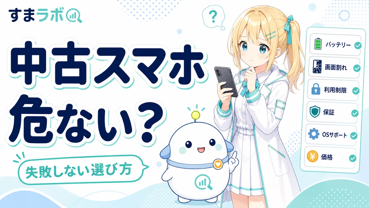 中古スマホを買う前に確認したいポイントを、ひまりとらぼまるがチェックリストでやさしく整理しているイメージ